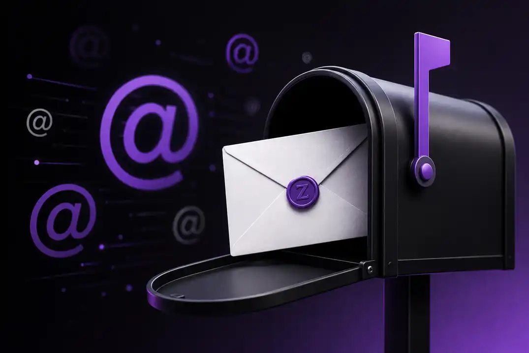KI-generiertes Bild: Schwarzer Briefkasten mit einem Brief, umgeben von leuchtenden E-Mail-Symbolen auf violettem Hintergrund.