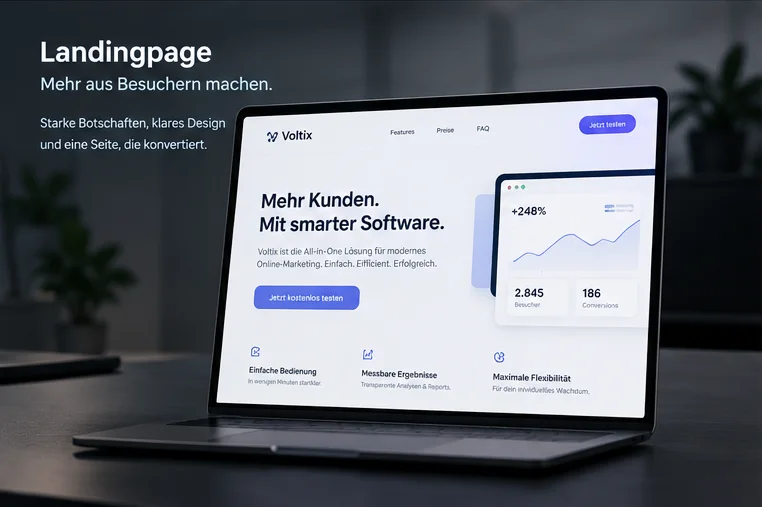 KI-generiertes Beispielbild: Laptop auf einem Schreibtisch zeigt eine fokussierte Landingpage mit Headline, Call-to-Action-Button und drei kurzen Vorteils-Highlights.