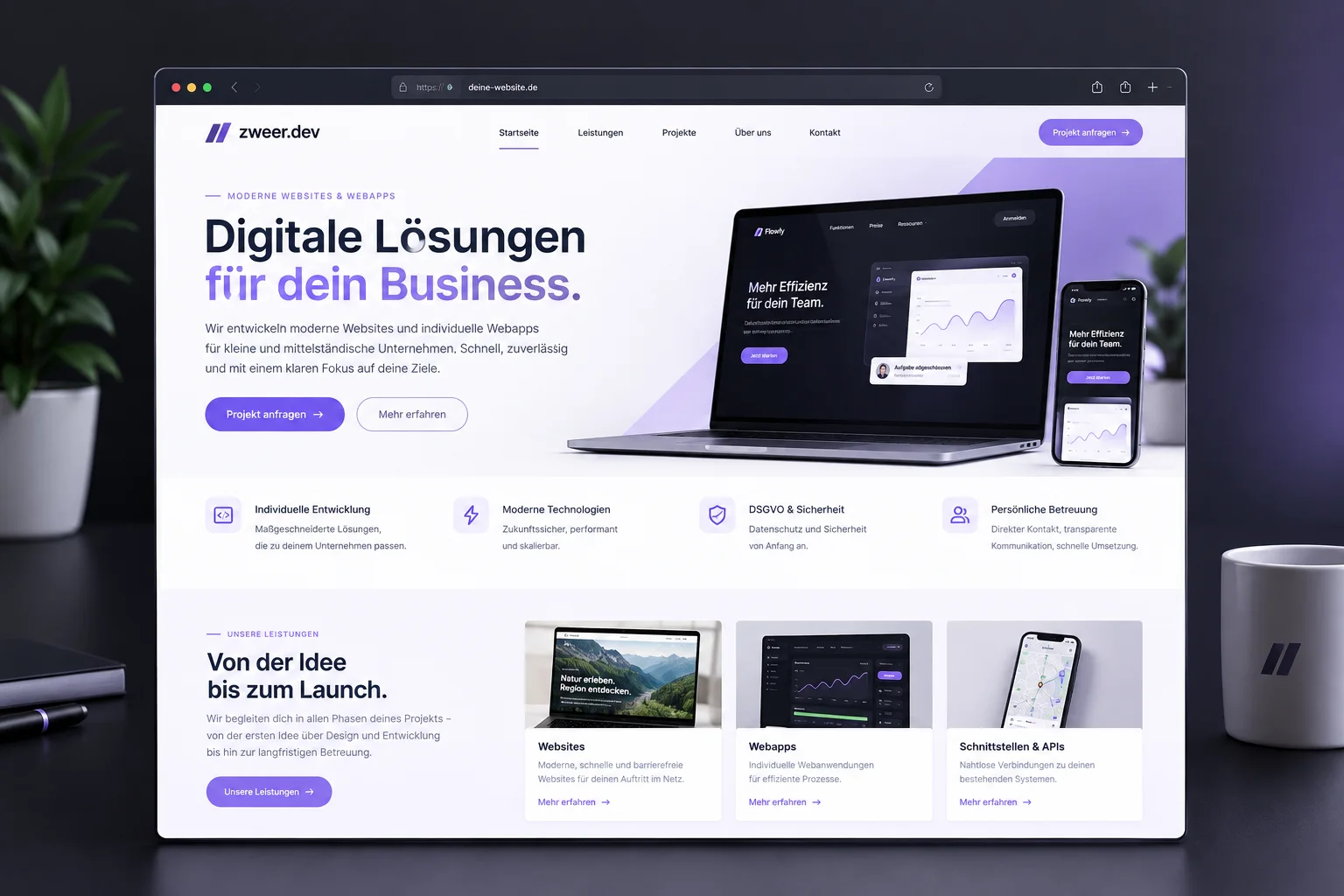 KI-generiertes Beispielbild: Schreibtisch mit Laptop und Smartphone, die eine moderne Unternehmenswebsite mit Hero-Bereich und Leistungsübersicht zeigen.