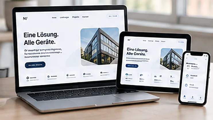 KI-generiertes Beispielbild: Eine responsive Website gleichzeitig dargestellt auf Laptop, Tablet und Smartphone.